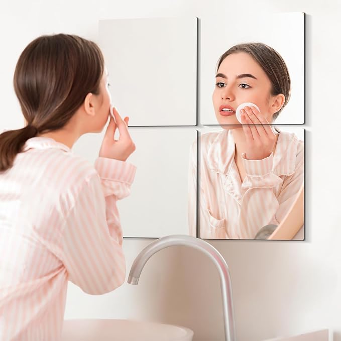 4 Pack Acrylic Mirrors Sheets Self Adhesive 8 x 8 Inch Wall Mirror Tiles | Flexible Mirror Stickers Shatterproof Full Length Mirrors for Home Bathroom Bedroom Gym Door Wardrobe Use