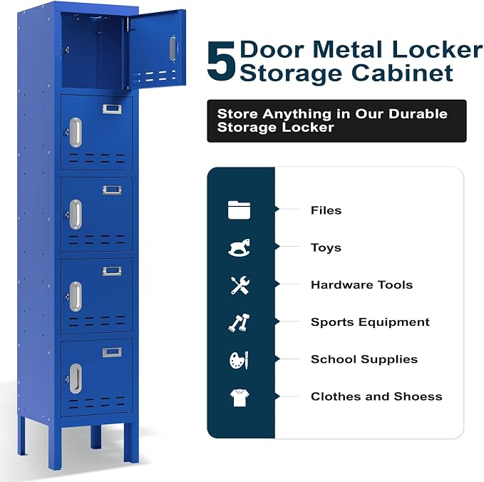 BUTISOW Metal Storage Locker with Lock & Card Slot Locker - Secure Lockable Door - Steel Locker for School, Office, Gym, Home - 66.15" H x 11.8" W x 11.8" D（5 Door, Blue）