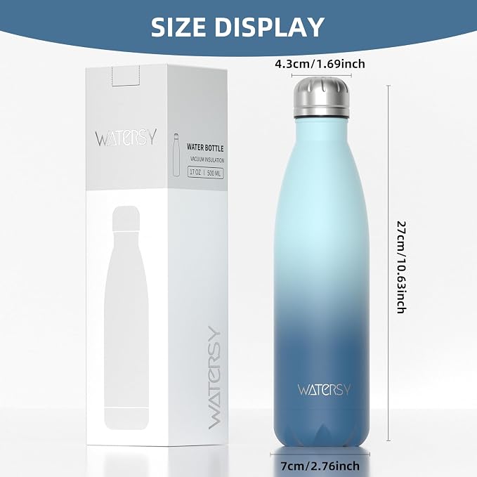 WATERSY Stainless Steel water bottles,17oz/500ml Insulated Water Bottle | Ocean Blue metal water bottle Keeps Drink Cold and Hot,BPA Free kids water bottles for School,Gym,Travel,Sports