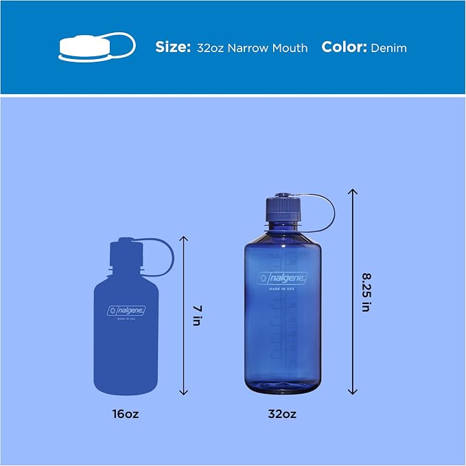 Nalgene 32 oz Narrow Mouth Water Bottle, Denim | BPA-Free, Durable & Lightweight, Leak Proof, Dishwasher Safe, Large Reusable Plastic Bottle for Hiking, Gym, Work & Travel