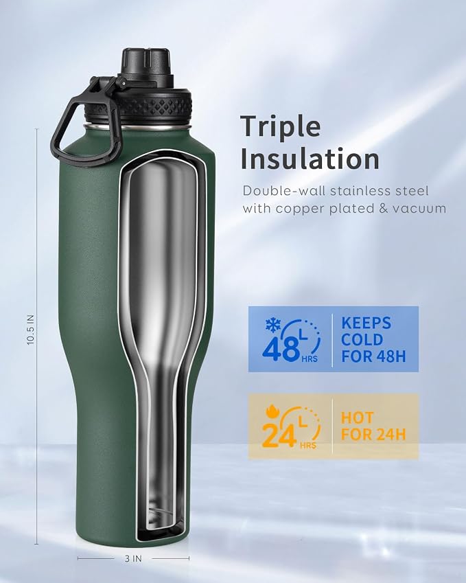 Trebo 40 oz Water Bottle Insulated Fit in Any Car Cup Holder with 2 Lids | Stainless Steel T-shape Tumbler with Paracord Handle, Triple Wall Vacuum Copper Plated, Cold 48 Hrs for Travel, Wide Mouth