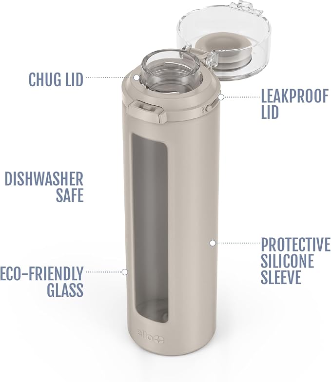 Ello Syndicate 20oz Glass Water Bottle with Flip Lid and Sleeve, Sand | Glass water bottle for iced drinks with leakproof flip lid, silicone sleeve, carry loop, BPA-free, and dishwasher safe