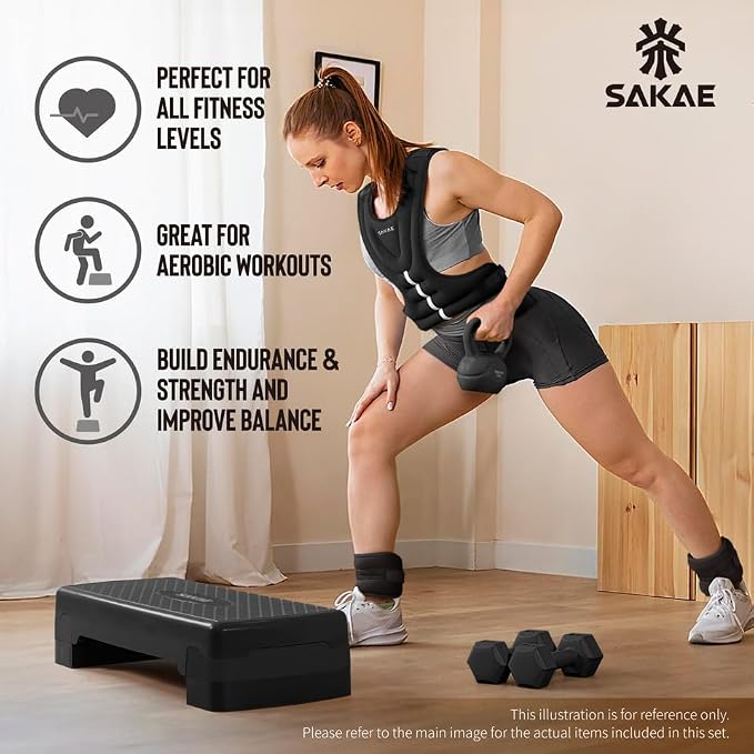 Adjustable Height Aerobic Stepper Set, Multiple Bundle Options with Dumbbells, Kettlebell, Waist Trimmer, Ankle Weights or Weighted Vest, Workout Exercise Step Platform w/Level Risers, 4 Colors
