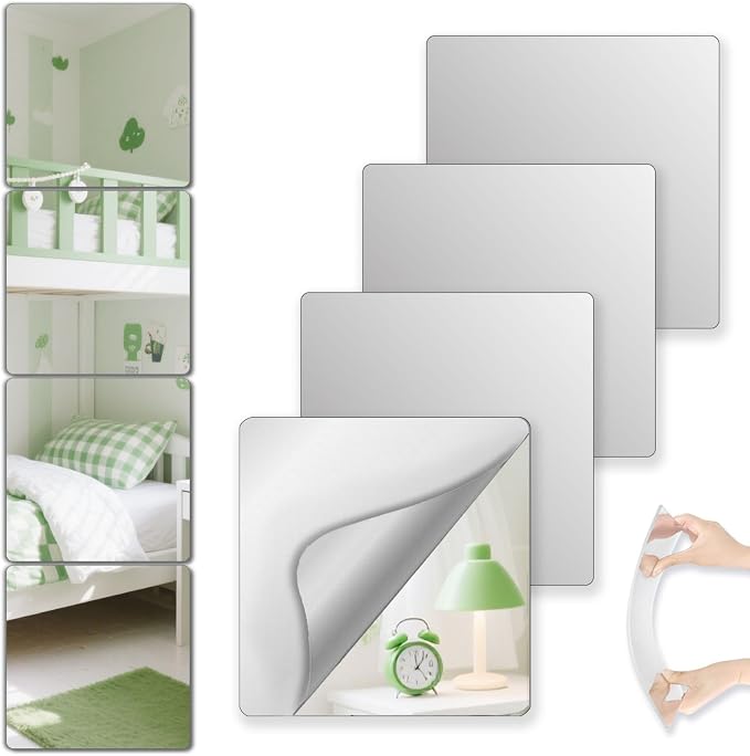 Shatterproof Peel and Stick on Mirror Tiles for Wall Decorative, 4 pcs 14”x12” Unbreakable Small Mirrors for Wall Classroom Decor, Toddlers Mirror for Kids Bedroom, Plastic Door Adhesive Mirrors