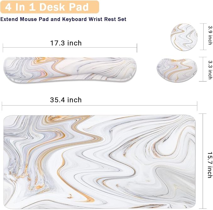 4-in-1 Large Gaming Mouse Pad, Keyboard Wrist Rest Pad & Wrist Support Mousepad Set, Extended Desk Pad Waterproof Desk Mat for Home Office Study Game - White Marble