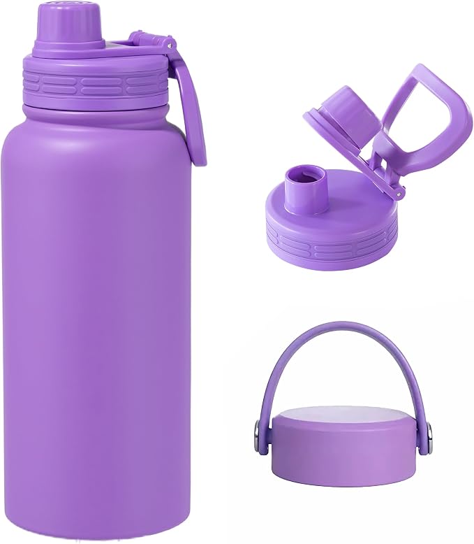 Purple Insulated 32 oz Metal Leakproof Water Bottle | Mens Stainless Steel Water Flask, Large Sports Travel Water Bottle for Gym,Hiking,1 liters Thermal Bottle with 2 Lids