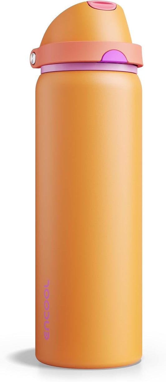 Insulated Water Bottle with Straw - Encool Stainless Steel Water Bottle with Push Button Lid, Leak-Proof & BPA-Free, Keeps Cold for 24 Hours for Sports, Travel, Gym (32 oz, Tiger Eye)