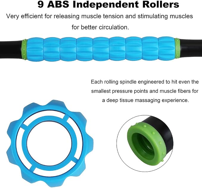 YANSYI Professional 9-Roller Deep Tissue Massage Stick - Portable Muscle Recovery Roller for Athletes, Relieves Post-Workout Soreness & Leg/Back Pain - Portable Physio Tool (Blue 2)