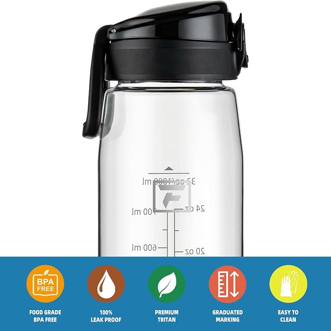 Fanhaw 32 oz Clear Plastic Water Bottle, BPA Free Leakproof Tritan Sports Water Bottle with Chug Lid, Wide Mouth Reusable Bottle for Gym, Travel, School & Office (Clear & Black)