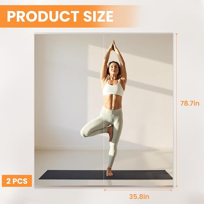 Peegel 79''x36''(2PCS) Large Home Gym Mirror | Frameless Tempered Glass Workout Mirrors for Home Gym Wall,Yoga,Garage,Dance