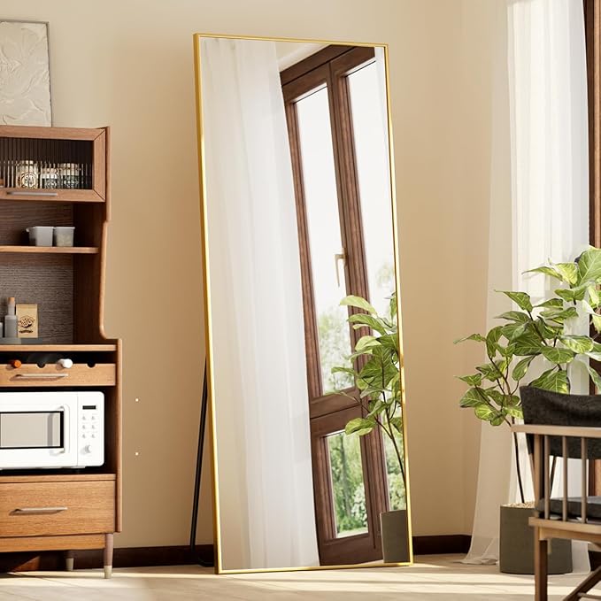 BEAUTYPEAK Full Length Mirror with Stand, 56"x21" Floor Mirror | ShatterVue Tempered Full Body Mirrors with Aluminum Alloy Thin Frame, Standing or Wall-Mounted Mirrors for Living Room, Gold