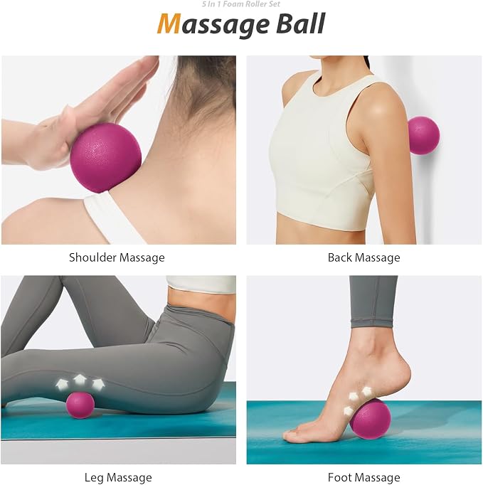 SUBCULTUREPICK 5 in 1 Foam Roller Set for Deep Tissue Muscle Massage | High Density Fitness Exercise Foam Roller, Muscle Roller, Massage Ball, Resistance Band, for Whole Body Physical Therapy Pink