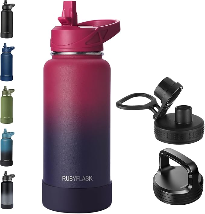 RUBYFLASK 32 oz Insulated Stainless Steel Water Bottle with Straw | 3 Lids, Wide Mouth, Metal Vacuum Leakproof Water Jug Flask and Handle, Large Thermal Cup with Silicone Boot, Dark Rainbow