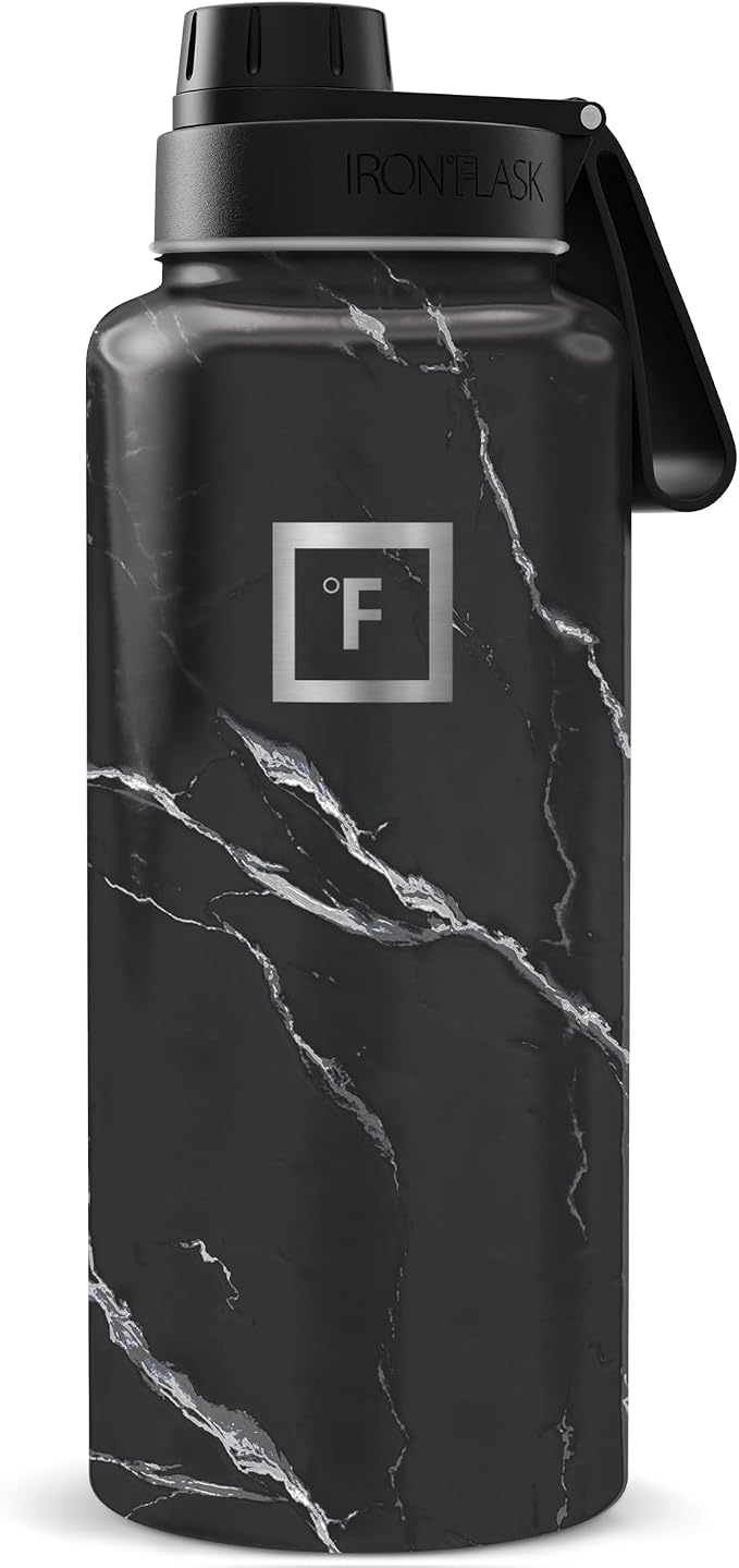 IRON °FLASK 32 oz Wide Mouth Water Bottle with Spout | Insulated Stainless Steel Sports Water Bottle with Leakproof Spout Lid - BPA Free, Cold 24 Hrs, Sweat Free (Black Marquina)
