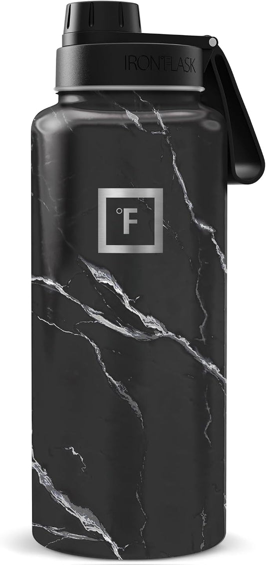 IRON °FLASK 32 oz Wide Mouth Water Bottle with Spout | Insulated Stainless Steel Sports Water Bottle with Leakproof Spout Lid - BPA Free, Cold 24 Hrs, Sweat Free (Black Marquina)