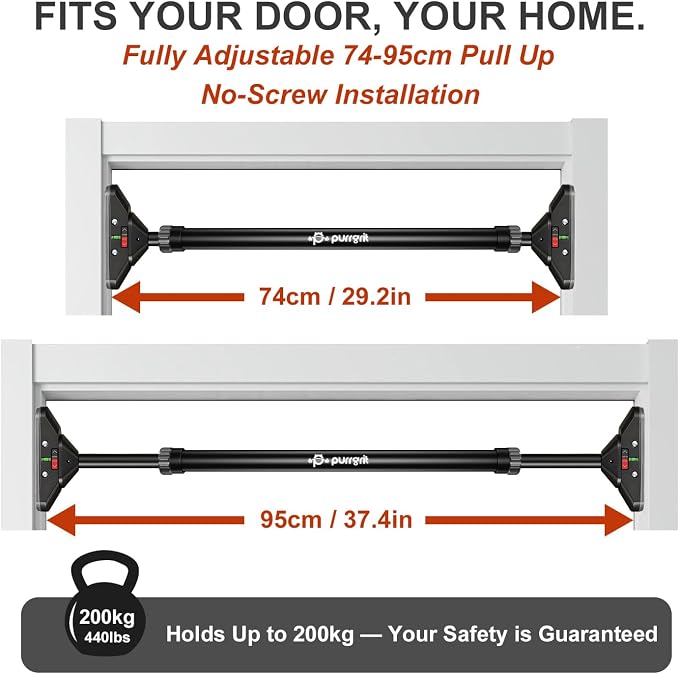 Adjustable Doorway Pull Up Bar No-Screw 440lbs | Fits 29.1-37.4in (74-95cm) door frames with 360° lock & foam pads + 2 spare pads. Home chin-up