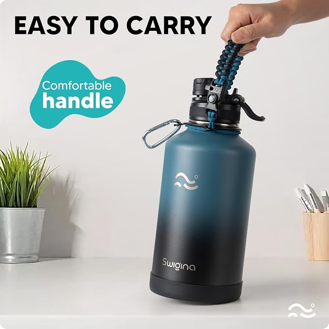 Swigina [2-IN-1 LID] 64 oz Insulated Water Bottle with Silicone Boot (48hrs Cold/24hrs Hot) - DIY Stickers, Leakproof, BPA Free, Half Gallon