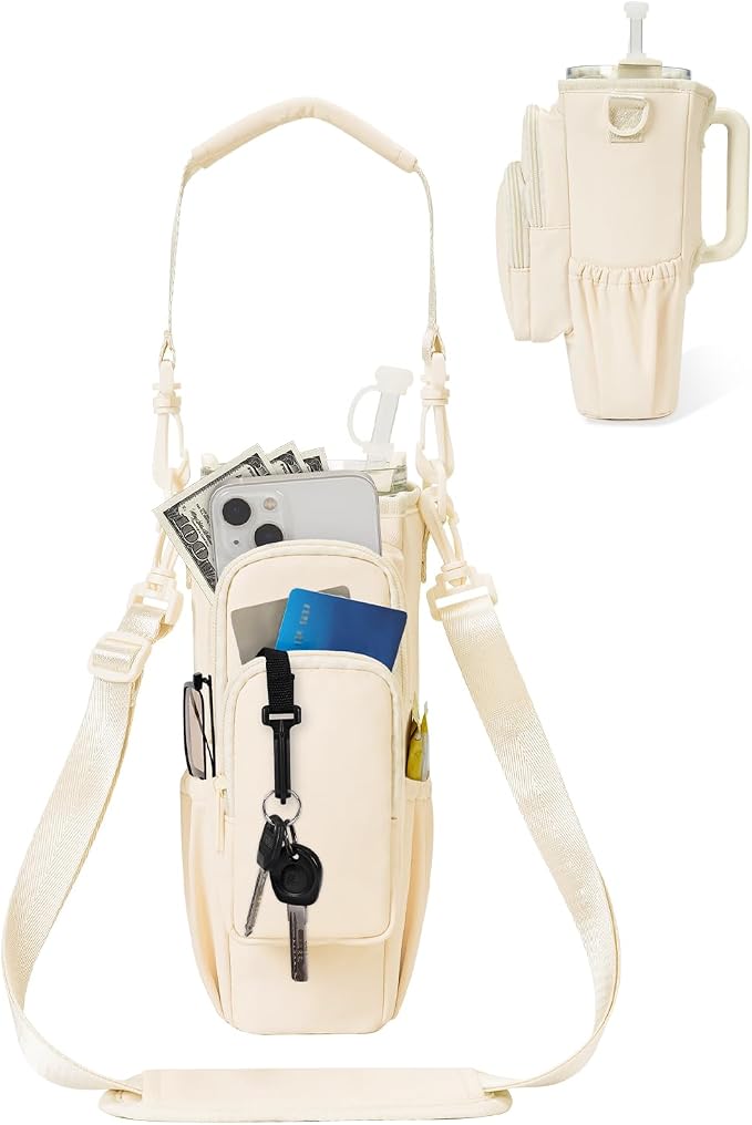 sportsnew 30/40oz Crossbody Water Bottle Holder Anti-Tip Tumbler Carrier | Lightweight Bottle Sling Fits Handled Tumbler w/ Phone Pocket, Adjustable Strap, Insulated Lining, Hands-free for Hiking Gym