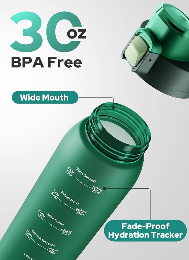 Opard Zip 30oz Plastic Water Bottle Dishwasher Safe, Leakproof Flip-Top Lid, BPA Free Tritan, Wide Mouth Reusable Sports Water Bottle for Gym Hiking Commuting Outdoor Travel and School