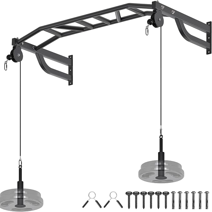 SELEWARE 48'' Heavy Duty Wall Mount Pull Up Bar with Cable Pulley System | Multi-function Chin up Bar with Cable Pulleys LAT Pulldown Attachments Heavy Bag Hanger for Home/Garage Gym Strength Training