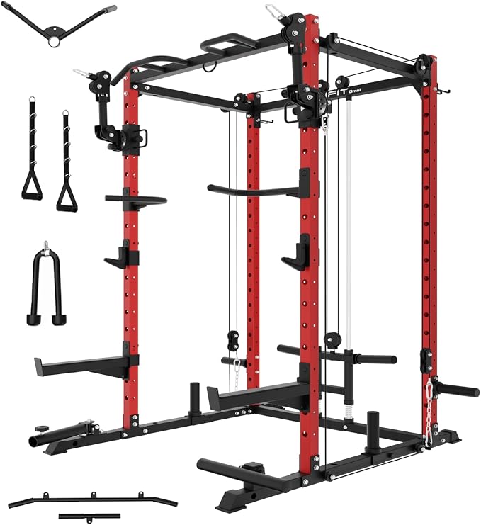 Eonfit E2 Power Rack, Squat Rack with Cable Crossover for Home Gym | Power cage with Pivot Arms Functional Trainer Pulley System Lat Pull Down For Garage Gym Strength Training