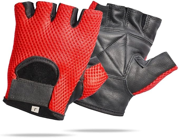Leather MESH Fingerless Weight Lifting Exercise Gym Wheelchair Gloves Black/RED WLG-021