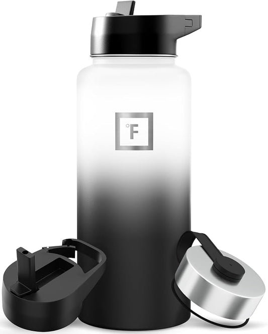 IRON °FLASK 32 oz Wide Mouth Water Bottle with 3 Lids | Insulated Stainless Steel Sports Water Bottle with 3 Leakproof Lids - BPA Free, Cold 24 Hrs, Sweat Free (Day & Night)
