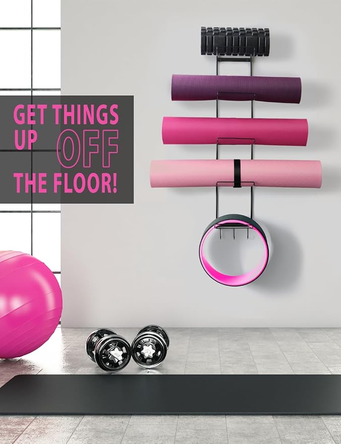 MRZZATA 5-Tiers Yoga Mat Holder Wall Mount, Metal Storage Rack for Mats/Wheels, Foam Roller and Block, Wall Rack with 3-Hooks for Hanging Stretching Strap, Resistance Bands, Yoga Accessories