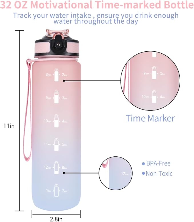 EYQ 32oz Water Bottle with Straw, Time Marker, Blue Purple | Blue Purple Tritan, BPA Free, Time Marker, Leakproof Lock Lid, Wide Mouth, for Gym, School, Office and Travel