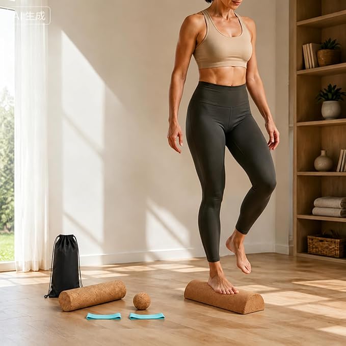 Cork Balance Board, 4-in-1 Foot Massage & Balance Trainer Set with Foot Roller, Massage Ball and Toe Resistance Bands, Foot and Ankle Strengthener Kit for Runners, Yoga and Mobility