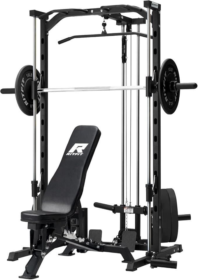 RitFit Smith Machine Power Rack with LAT-Pull Down System | Half Smith Machine with Landmine, Barbell Bar, Plate Storage Pegs and More Training Attachment