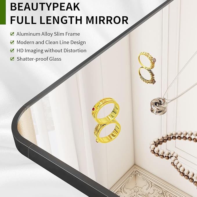 BEAUTYPEAK 59" x 16" Rounded Corner Full Length Mirror with Stand, Black | Aluminum Alloy Frame with Standing, Leaning, or Wall-Mounted, Ideal for Bedroom, Dressing Room, Entryway, and Living Room