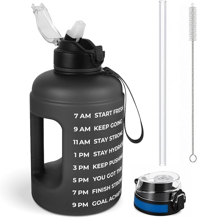 Half Gallon Water Bottle with 2 Lids,Dishwasher Safe, BPA Free,Leak Proof | 73 OZ Large Water Bottle with Straw,Shatter Resistant, Resuable,Time Marker,Big Gym Motivational Water Jug with Handle