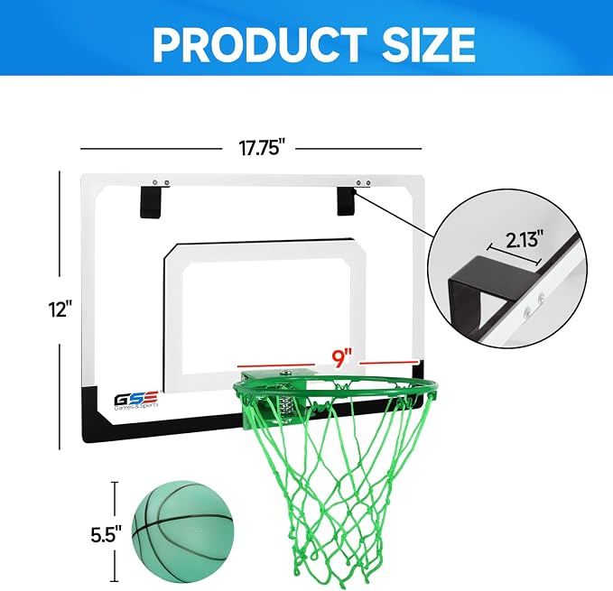 GSE Over-The-Door Basketball Hoop with Basketball & Pump, for Home & Office | Wall-Mounted Basketball Hoop Complete Accessories, Clear Impact-Resistant PC Backboard, PVC Basketball, Several Style Choice
