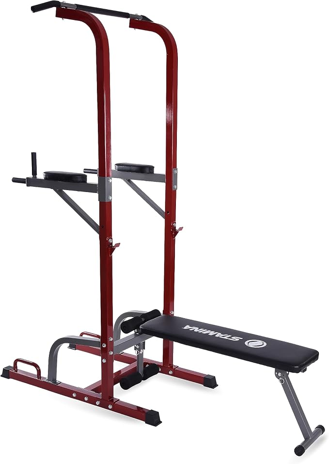 Stamina Full Body Power Tower 735 - Dip Bar with Built-in Bench and Rack - Pull Up Bar Station with Smart Workout App - Dip Bars for Home Workout - Up to 300 lbs Weight Capacity | Dip Bar with Built-in Bench and Rack; Pull Up Bar Station with Smart Wor...