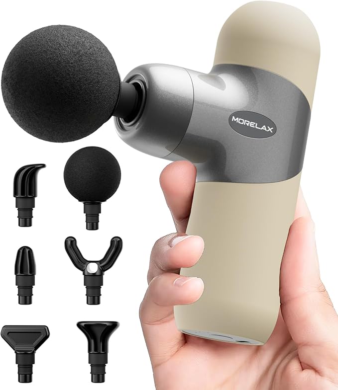 Morelax Mini Massage Gun Deep Tissue, Portable Percussion Muscle Massager for Whole Body Pain Relief, Electric Handheld Sport Massager with 6 Massage Heads 4 Speed, Best Gift (Silver Beige)