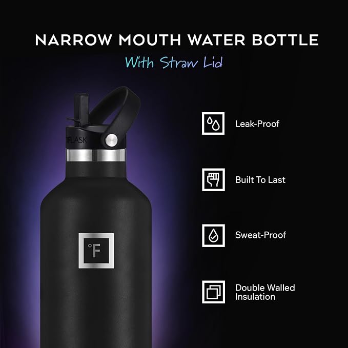 IRON °FLASK Camping & Hiking Hydration Flask with Straw, BPA-Free Insulated Stainless Steel Sports Water Bottle - 24 oz Midnight Black (Pack of 2)