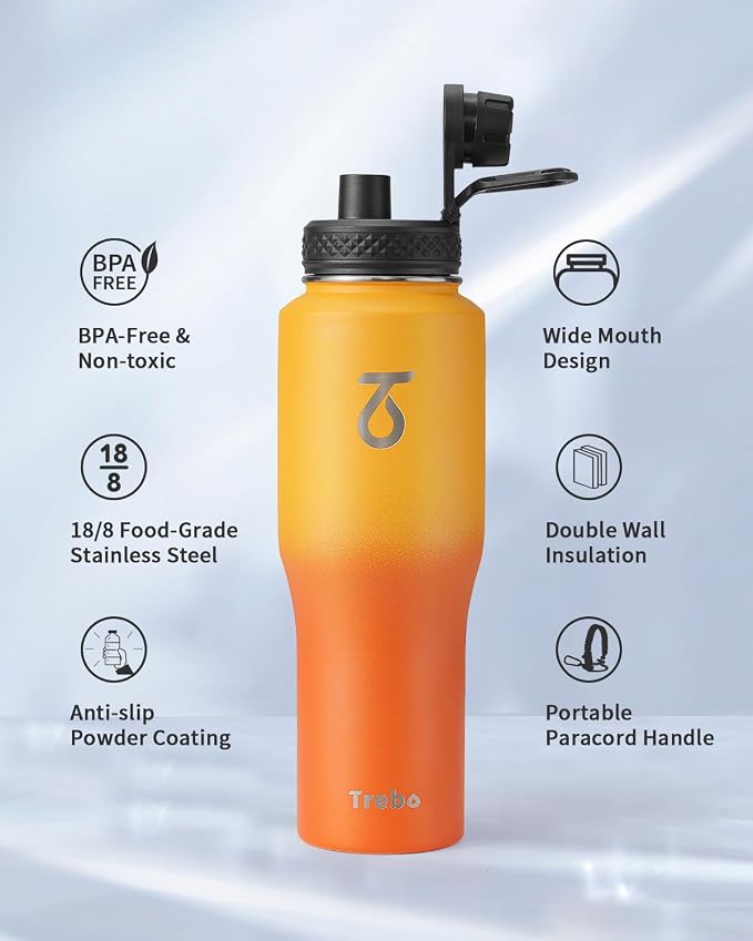 Trebo 32 oz Water Bottle Insulated Fits in Any Car Cup Holder with 2 Lids | Stainless Steel T-shape Tumbler with Paracord Handle, Triple Wall Vacuum Copper Plated, Cold 48 Hrs for Travel, Leakproof