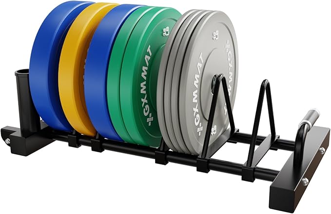 GXMMAT Horizontal Olympic Weight Plate Rack | 330lbs Capacity Powder-Coated Steel Frame | 4 Plate Storage Slots + 2 Barbell Holders | Adjustable Slot Spacing | Includes Wheels & Non-Slip Handles