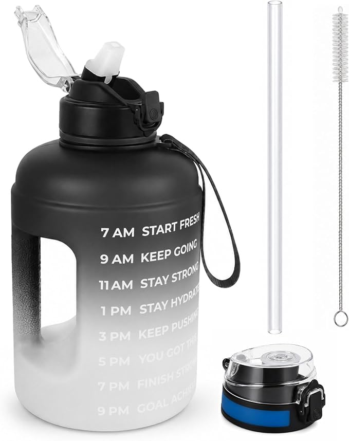 Half Gallon Water Bottle with 2 Lids,Dishwasher Safe, BPA Free,Leak Proof | 73 OZ Large Water Bottle with Straw,Shatter Resistant, Resuable,Time Marker,Big Gym Motivational Water Jug with Handle