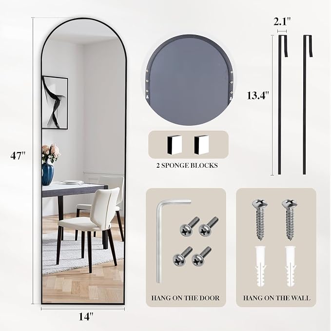 Black Arched Over The Door Mirror for Hanging, 47x14 Full Length Mirror | No Drill Door Hanging Setup for Closet, Bedroom Decor, Room Decor and Apartment Styling, Shatter-proof Glass