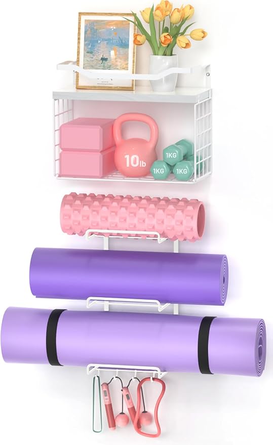 LIDTOP Yoga Mat Holder White, Wall Mount Yoga Accessory Mats Storage Rack, Home Gym Accessories Organizer Storage with Wood Floating Shelves, 4 Hooks Hanging Yoga Strap & Resistance Bands