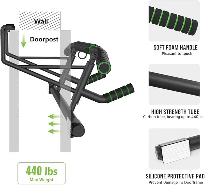 KAKICLAY New Upgrade Pull Up Bar for Doorway - Foldable Design & Space-Saving, Upto 440 Lbs Capacity, No Screwing or Slipping - USA Original Patent, Designed, Shipped, Warranty