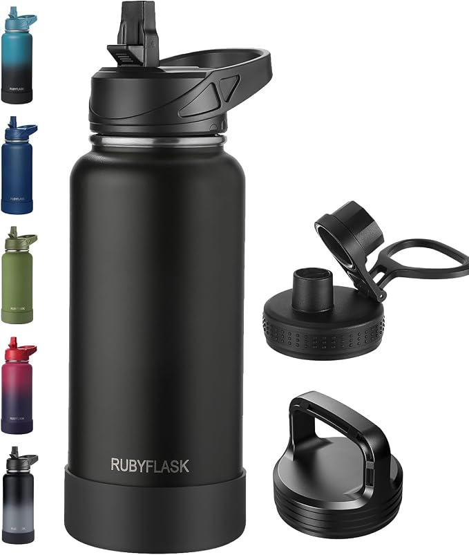 RUBYFLASK 32 oz Insulated Stainless Steel Water Bottle with Straw | 3 Lids, Wide Mouth, Metal Vacuum Leakproof Water Jug Flask and Handle, Large Thermal Cup with Silicone Boot, Black