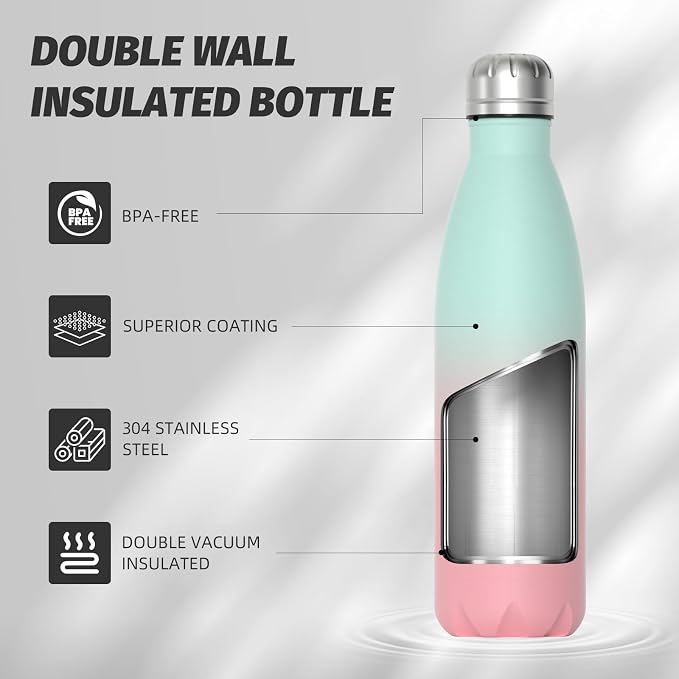 WATERSY Stainless Steel water bottles,17oz/500ml Insulated Water Bottle | Gradual Pink metal water bottle Keeps Drink Cold and Hot,BPA Free kids water bottles for School,Gym,Travel,Sports