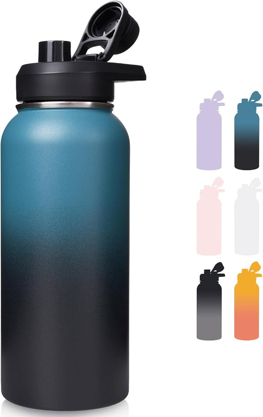Fijinhom Insulated Water Bottle with Handle, 304 Stainless Steel Water Bottles with Wide Mouth, Double Wall Vacuum Sports Water Bottle, BPA Free, Keep Cold and Hot, 32 Ounces Blue&Black