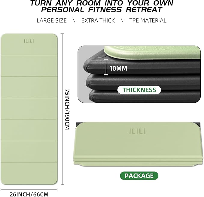 ILILI Foldable Yoga Mat 10mm, Extra Thick, Extra Long, 75x26x0.4 Inch, TPE | Non-Slip Grip, Easy Carry&Storage, Comfort Cushion, SGS Safe, Suitable for Yoga, Pilates, Home Exercise&Outdoor Travel