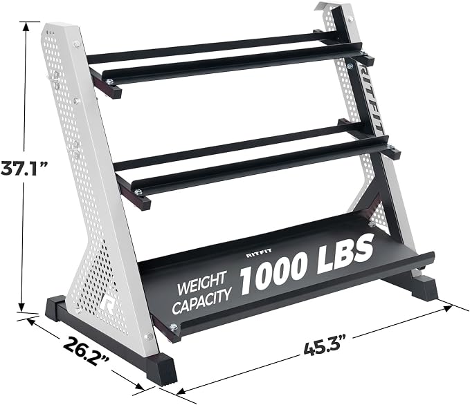 RitFit Rubber Hex Dumbbell Weight Set with 3-Tier Dumbbell Rack | Anti-Slip Knurled Chrome Handle,Cast Iron,Hexagon Anti-Roll Design,1000LB Capacity Heavy Duty Steel Rack for Home Gym