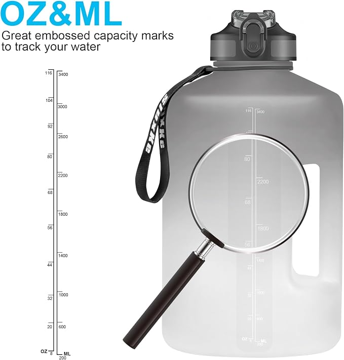 SLUXKE 1 Gallon Motivational Sports Water Bottle with Time Marker, BPA Free 128oz Leak Proof Jug, Black, Plastic, 128 ounces, Fitness, Sports, Outdoor Activities