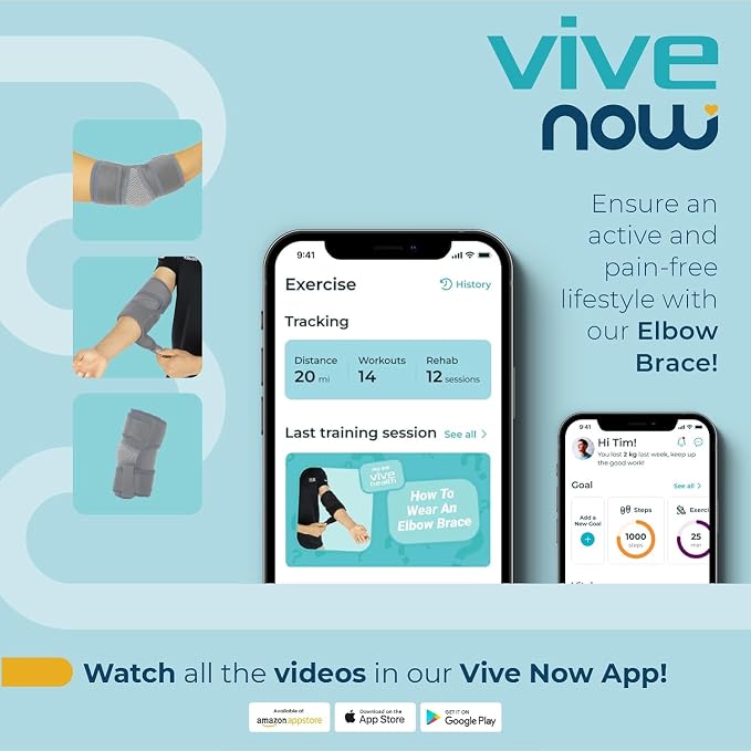Vive Elbow Brace - Tennis Compression Sleeve - Wrap for Golfers, Bursitis | Left or Right Arm - Tendonitis Support Strap for Golf, Men and Women - Epicondylitis and Sports Recovery (Gray, Standard)